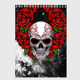 Скетчбук с принтом Skull and Roses в Белгороде, 100% бумага
 | 48 листов, плотность листов — 100 г/м2, плотность картонной обложки — 250 г/м2. Листы скреплены сверху удобной пружинной спиралью | Тематика изображения на принте: flowers | muertos | roses | skull | space | tribal | звезды | космос | лепестки | муэртос | розы | трайбл | цветы | череп