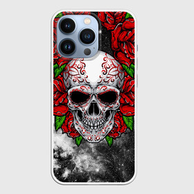 Чехол для iPhone 13 Pro с принтом Skull and Roses в Белгороде,  |  | flowers | muertos | roses | skull | space | tribal | звезды | космос | лепестки | муэртос | розы | трайбл | цветы | череп