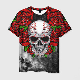 Мужская футболка 3D с принтом Skull and Roses в Белгороде, 100% полиэфир | прямой крой, круглый вырез горловины, длина до линии бедер | flowers | muertos | roses | skull | space | tribal | звезды | космос | лепестки | муэртос | розы | трайбл | цветы | череп