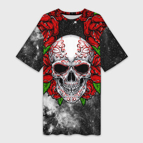 Платье-футболка 3D с принтом Skull and Roses в Белгороде,  |  | Тематика изображения на принте: flowers | muertos | roses | skull | space | tribal | звезды | космос | лепестки | муэртос | розы | трайбл | цветы | череп