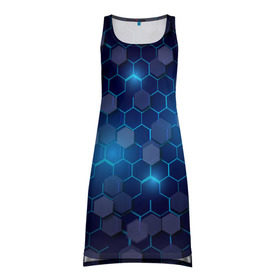 Платье-майка 3D с принтом Синие соты в неоне в Белгороде, 100% полиэстер | полуприлегающий силуэт, широкие бретели, круглый вырез горловины, удлиненный подол сзади. | неон | неоновые соты | синие соты | соты