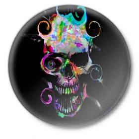 Значок с принтом ЧЕРЕП В КРАССКАХ в Белгороде,  металл | круглая форма, металлическая застежка в виде булавки | abstract | abstraction | bones | fantasy | skull | голова | кости | скилет | череп