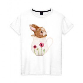 Женская футболка хлопок с принтом Зайчик в вазочке в Белгороде, 100% хлопок | прямой крой, круглый вырез горловины, длина до линии бедер, слегка спущенное плечо | ваза | заяц | кролик | розовая | цветы