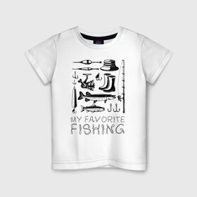 Детская футболка хлопок с принтом Моя любимая рыбалка в Белгороде, 100% хлопок | круглый вырез горловины, полуприлегающий силуэт, длина до линии бедер | Тематика изображения на принте: cap | coil | fishing | fishing line | float | hook | pike | spinning | spoon | trout | wellingtons | блесна | катушка | крючок | леска | поплавок | рыбалка | сапоги | спиннинг | форель | шляпа | щука