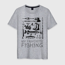 Мужская футболка хлопок с принтом Моя любимая рыбалка в Белгороде, 100% хлопок | прямой крой, круглый вырез горловины, длина до линии бедер, слегка спущенное плечо. | cap | coil | fishing | fishing line | float | hook | pike | spinning | spoon | trout | wellingtons | блесна | катушка | крючок | леска | поплавок | рыбалка | сапоги | спиннинг | форель | шляпа | щука
