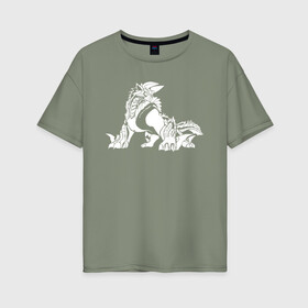 Женская футболка хлопок Oversize с принтом Monster Hunter: World в Белгороде, 100% хлопок | свободный крой, круглый ворот, спущенный рукав, длина до линии бедер
 | dragon | game | hunter | logo | monster | world | дракон | драконы | игра | монстр | монстры | охотник