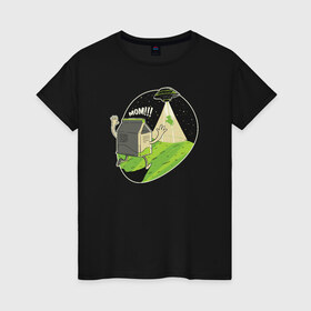 Женская футболка хлопок с принтом НЛО Молоко в Белгороде, 100% хлопок | прямой крой, круглый вырез горловины, длина до линии бедер, слегка спущенное плечо | cow | milk | ufo | инопланетяне | инопланетянин | корова | молоко | нло | пришелец | пришельцы