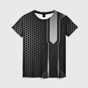 Женская футболка 3D с принтом Кибернетическая броня в Белгороде, 100% полиэфир ( синтетическое хлопкоподобное полотно) | прямой крой, круглый вырез горловины, длина до линии бедер | Тематика изображения на принте: abstract | black | carbon | cars | diy | fiber | hexagon | hi tech | psybient | psychill | skyrim | to | vinyl | wot | броня | карбон | металл | соты | сталь | форма | шестиугольник