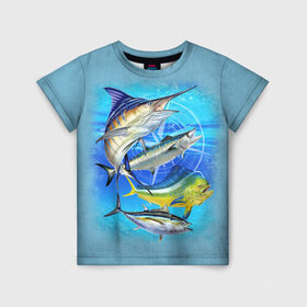 Детская футболка 3D с принтом Marlin and other fish в Белгороде, 100% гипоаллергенный полиэфир | прямой крой, круглый вырез горловины, длина до линии бедер, чуть спущенное плечо, ткань немного тянется | рыба | рыбак | рыбалка | снасти | увлечение | улов | хобби