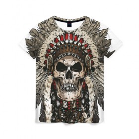Женская футболка 3D с принтом Leader of indian skeletons в Белгороде, 100% полиэфир ( синтетическое хлопкоподобное полотно) | прямой крой, круглый вырез горловины, длина до линии бедер | indian | skeleton | skull | иднейский | индеец | перья | скелет | череп | этника | этнический
