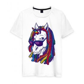 Мужская футболка хлопок с принтом RastaUnicorn в Белгороде, 100% хлопок | прямой крой, круглый вырез горловины, длина до линии бедер, слегка спущенное плечо. | color | dreads | glases | unicorn | дреды | единорог | конь | лошадь | очки | рог | уши | цветной