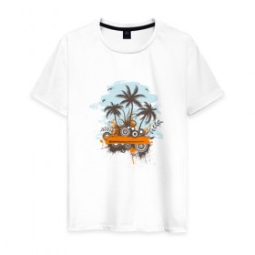 Мужская футболка хлопок с принтом Музыкальный Остров в Белгороде, 100% хлопок | прямой крой, круглый вырез горловины, длина до линии бедер, слегка спущенное плечо. | музыка | музыкальный остров | остров | пальмы | пляж | тропики
