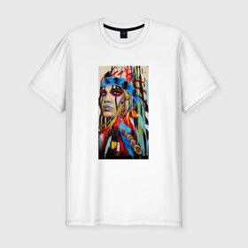 Мужская футболка премиум с принтом Буйство Красок в Белгороде, 92% хлопок, 8% лайкра | приталенный силуэт, круглый вырез ворота, длина до линии бедра, короткий рукав | акварель | буйство красок | девушка | индеец | красавица | краски | перья | рисунок