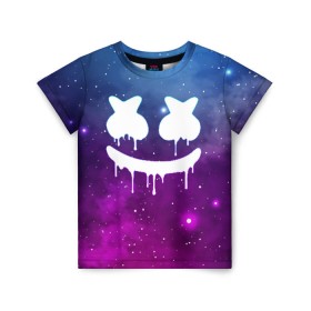 Детская футболка 3D с принтом MARSHMELLO MELT SPACE в Белгороде, 100% гипоаллергенный полиэфир | прямой крой, круглый вырез горловины, длина до линии бедер, чуть спущенное плечо, ткань немного тянется | Тематика изображения на принте: america | dj | marshmello | usa | америка | маршмелло