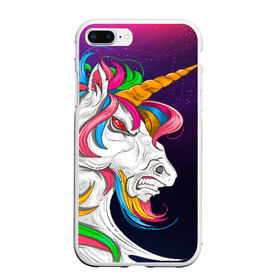 Чехол для iPhone 7Plus/8 Plus матовый с принтом Angry Unicorn в Белгороде, Силикон | Область печати: задняя сторона чехла, без боковых панелей | cosmos | hair | rainbow | stars | unicorn | волосы | глаза | единорог | злой | зубы | космос | лошадь | радуга