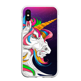 Чехол для iPhone XS Max матовый с принтом Angry Unicorn в Белгороде, Силикон | Область печати: задняя сторона чехла, без боковых панелей | cosmos | hair | rainbow | stars | unicorn | волосы | глаза | единорог | злой | зубы | космос | лошадь | радуга