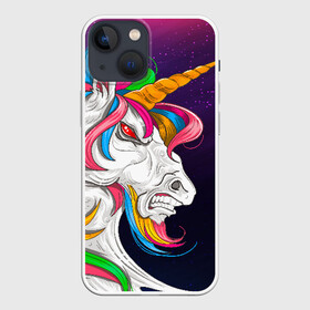 Чехол для iPhone 13 mini с принтом Angry Unicorn в Белгороде,  |  | cosmos | hair | rainbow | stars | unicorn | волосы | глаза | единорог | злой | зубы | космос | лошадь | радуга