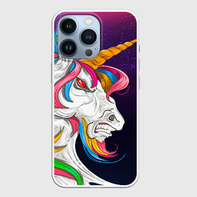 Чехол для iPhone 13 Pro с принтом Angry Unicorn в Белгороде,  |  | cosmos | hair | rainbow | stars | unicorn | волосы | глаза | единорог | злой | зубы | космос | лошадь | радуга