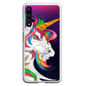 Чехол для Honor 20 с принтом Angry Unicorn в Белгороде, Силикон | Область печати: задняя сторона чехла, без боковых панелей | cosmos | hair | rainbow | stars | unicorn | волосы | глаза | единорог | злой | зубы | космос | лошадь | радуга