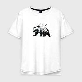 Мужская футболка хлопок Oversize с принтом Медведь в Белгороде, 100% хлопок | свободный крой, круглый ворот, “спинка” длиннее передней части | горы | медведь | минимализм | птицы