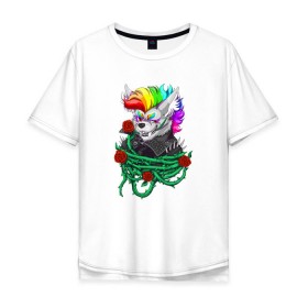 Мужская футболка хлопок Oversize с принтом Красочный Волчонок в Белгороде, 100% хлопок | свободный крой, круглый ворот, “спинка” длиннее передней части | Тематика изображения на принте: волк | краски | красочный волчонок | радуга | рисунок | розы | тернии | цветы
