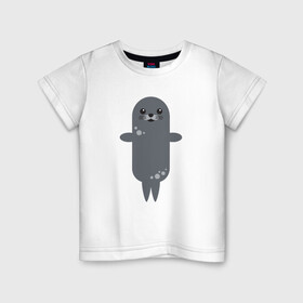 Детская футболка хлопок с принтом Миленький тюлень в Белгороде, 100% хлопок | круглый вырез горловины, полуприлегающий силуэт, длина до линии бедер | животные | карикатура | милота | тюлень | тюленьчик