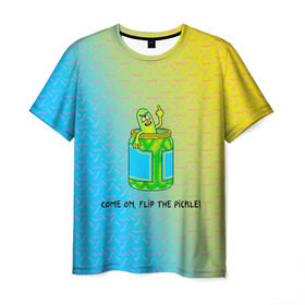 Мужская футболка 3D с принтом Pickle Rick в Белгороде, 100% полиэфир | прямой крой, круглый вырез горловины, длина до линии бедер | Тематика изображения на принте: pickle | rick and morty | vdkovmar | банка | огурец | палец | прикол | рик и морти