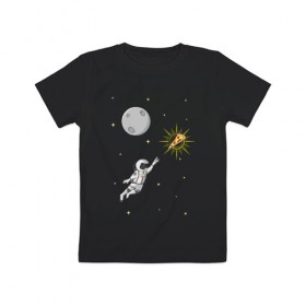 Детская футболка хлопок с принтом Пиццанавт в Белгороде, 100% хлопок | круглый вырез горловины, полуприлегающий силуэт, длина до линии бедер | Тематика изображения на принте: астронавт | графика | еда | звезды | космонавт | космос | луна | пицца | рисунок