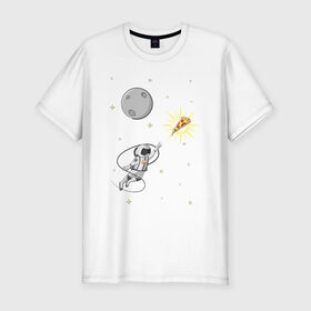 Мужская футболка премиум с принтом Пиццанавт в Белгороде, 92% хлопок, 8% лайкра | приталенный силуэт, круглый вырез ворота, длина до линии бедра, короткий рукав | астронавт | графика | еда | звезды | космонавт | космос | луна | пицца | рисунок
