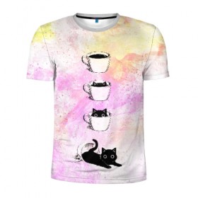 Мужская футболка 3D спортивная с принтом catfee в Белгороде, 100% полиэстер с улучшенными характеристиками | приталенный силуэт, круглая горловина, широкие плечи, сужается к линии бедра | cat | coffee | кот | котёнок | кофе | кошка | краски | чашка | черный кот