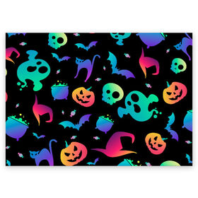 Поздравительная открытка с принтом Rainbow Halloween в Белгороде, 100% бумага | плотность бумаги 280 г/м2, матовая, на обратной стороне линовка и место для марки
 | diy | ghost | halloween | horror | makeup | scary | trick or treat | вампир | ведьма | кошка | луна | магия | новинки | ночь | тыква | хэллоуин