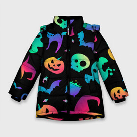 Зимняя куртка для девочек 3D с принтом Rainbow Halloween в Белгороде, ткань верха — 100% полиэстер; подклад — 100% полиэстер, утеплитель — 100% полиэстер. | длина ниже бедра, удлиненная спинка, воротник стойка и отстегивающийся капюшон. Есть боковые карманы с листочкой на кнопках, утяжки по низу изделия и внутренний карман на молнии. 

Предусмотрены светоотражающий принт на спинке, радужный светоотражающий элемент на пуллере молнии и на резинке для утяжки. | Тематика изображения на принте: diy | ghost | halloween | horror | makeup | scary | trick or treat | вампир | ведьма | кошка | луна | магия | новинки | ночь | тыква | хэллоуин