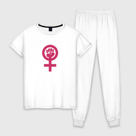 Женская пижама хлопок с принтом Womanpower в Белгороде, 100% хлопок | брюки и футболка прямого кроя, без карманов, на брюках мягкая резинка на поясе и по низу штанин | Тематика изображения на принте: logo | woman | womanpower | женские | женский | женское | знак | знаки | значёк | феминизм | феминистка