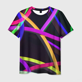 Мужская футболка 3D с принтом Светящиеся полосы в Белгороде, 100% полиэфир | прямой крой, круглый вырез горловины, длина до линии бедер | abstract | neon | абстрактно | абстрактный | абстракция | линии | неон | неонка | неоновая | неоновые | неоновый | полоски | полосы | разноцветные | светящиеся | цветные