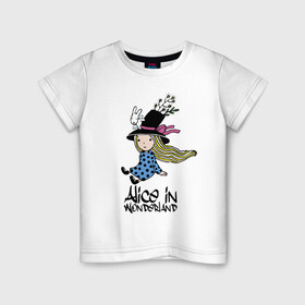 Детская футболка хлопок с принтом Алиса в стране чудес в Белгороде, 100% хлопок | круглый вырез горловины, полуприлегающий силуэт, длина до линии бедер | alice | dress | girl | hair | hat | rabbit | ribbon | tale | wings | алиса | бант | волосы | девочка | кролик | крылья | лицо | платье | сказка | шляпа