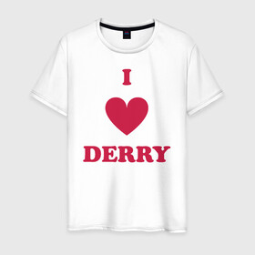 Мужская футболка хлопок с принтом I Love Derry в Белгороде, 100% хлопок | прямой крой, круглый вырез горловины, длина до линии бедер, слегка спущенное плечо. | Тематика изображения на принте: clown | derry | it | lover | pennywise | stephen king | дерри | клоун | оно | пеннивайз | стивен кинг