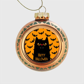 Стеклянный ёлочный шар с принтом Happy halloween в Белгороде, Стекло | Диаметр: 80 мм | halloween | horror | вампир | кот | кот вампир | котик | кошка | летучие мыши | мыши | пятница 13 | страшилки | страшно | ужасы | хоррор | хэллоуин