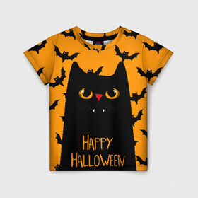 Детская футболка 3D с принтом Happy halloween в Белгороде, 100% гипоаллергенный полиэфир | прямой крой, круглый вырез горловины, длина до линии бедер, чуть спущенное плечо, ткань немного тянется | halloween | horror | вампир | кот | кот вампир | котик | кошка | летучие мыши | мыши | пятница 13 | страшилки | страшно | ужасы | хоррор | хэллоуин