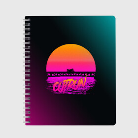 Тетрадь с принтом OUTRUN RETROWAVE в Белгороде, 100% бумага | 48 листов, плотность листов — 60 г/м2, плотность картонной обложки — 250 г/м2. Листы скреплены сбоку удобной пружинной спиралью. Уголки страниц и обложки скругленные. Цвет линий — светло-серый
 | hotline miami | neon | new retro wave | outrun | outrun electro | retro | retrowave | synth | synthwave | неон | ретро | хотлайн майами