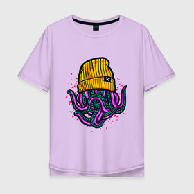 Мужская футболка хлопок Oversize с принтом Octopus в Белгороде, 100% хлопок | свободный крой, круглый ворот, “спинка” длиннее передней части | emo | lil peep | octopus | purple | rap | rock | в шапке | желтый | монстр | осьминог | тату | татуировка | фиолетовый | щупальца | щупальцы | яркий цвет