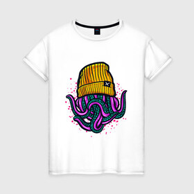 Женская футболка хлопок с принтом Octopus в Белгороде, 100% хлопок | прямой крой, круглый вырез горловины, длина до линии бедер, слегка спущенное плечо | emo | lil peep | octopus | purple | rap | rock | в шапке | желтый | монстр | осьминог | тату | татуировка | фиолетовый | щупальца | щупальцы | яркий цвет
