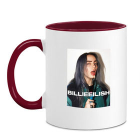 Кружка двухцветная с принтом BILLIE EILISH в Белгороде, керамика | объем — 330 мл, диаметр — 80 мм. Цветная ручка и кайма сверху, в некоторых цветах — вся внутренняя часть | Тематика изображения на принте: bilie | billi | billie | eilish | eillish | elish | ellish | айлиш | алиш | били | билли | эйлиш | элиш