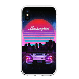 Чехол для iPhone XS Max матовый с принтом Lamborghini overdrive в Белгороде, Силикон | Область печати: задняя сторона чехла, без боковых панелей | 80х | 90х | hotlinemimai | outrun | retrowave | synth | synthwave | гонки | дискотека | драйв | ламборгини | ламборджини | неоновые | ретро | светящиеся | скорость