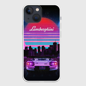 Чехол для iPhone 13 mini с принтом Lamborghini overdrive в Белгороде,  |  | 80х | 90х | hotlinemimai | outrun | retrowave | synth | synthwave | гонки | дискотека | драйв | ламборгини | ламборджини | неоновые | ретро | светящиеся | скорость