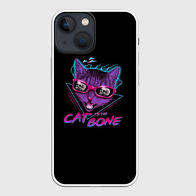 Чехол для iPhone 13 mini с принтом Cat To The Bone в Белгороде,  |  | Тематика изображения на принте: 80 | bone | bones | cat | cyber | game | hotline | hotlinemiami | maiami | music | outrun | retro | retrowave | skull | synth | synthwave | игра | кибер | кот | кошка | ретро | череп