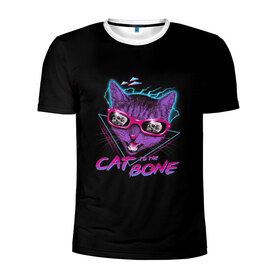 Мужская футболка 3D спортивная с принтом Cat To The Bone в Белгороде, 100% полиэстер с улучшенными характеристиками | приталенный силуэт, круглая горловина, широкие плечи, сужается к линии бедра | 80 | bone | bones | cat | cyber | game | hotline | hotlinemiami | maiami | music | outrun | retro | retrowave | skull | synth | synthwave | игра | кибер | кот | кошка | ретро | череп