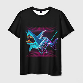 Мужская футболка 3D с принтом Shark в Белгороде, 100% полиэфир | прямой крой, круглый вырез горловины, длина до линии бедер | 80 | cyber | dark | game | hotline | hotlinemiami | maiami | moon | music | outrun | retro | retrowave | shark | synth | synthwave | акула | игра | кибер | луна | море | ночь | океан | ретро
