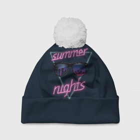 Шапка 3D c помпоном с принтом Summer Nights в Белгороде, 100% полиэстер | универсальный размер, печать по всей поверхности изделия | 80 | cyber | game | hotline | hotlinemiami | maiami | music | nights | outrun | retro | retrowave | summer | synth | synthwave | игра | кибер | лето | ночь | ретро