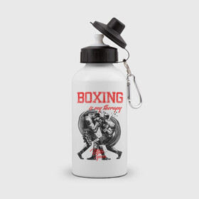 Бутылка спортивная с принтом Boxing is my therapy в Белгороде, металл | емкость — 500 мл, в комплекте две пластиковые крышки и карабин для крепления | boxing | mike tyson | my therapy | бокс | майк тайсон