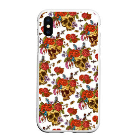 Чехол для iPhone XS Max матовый с принтом Skulls and Roses в Белгороде, Силикон | Область печати: задняя сторона чехла, без боковых панелей | Тематика изображения на принте: flowers | halloween | rose | skull | tattoo | жуки | насекомые | роза | тату | татуировка | хеллоуин | хэллоуин | цветок | цветы | череп